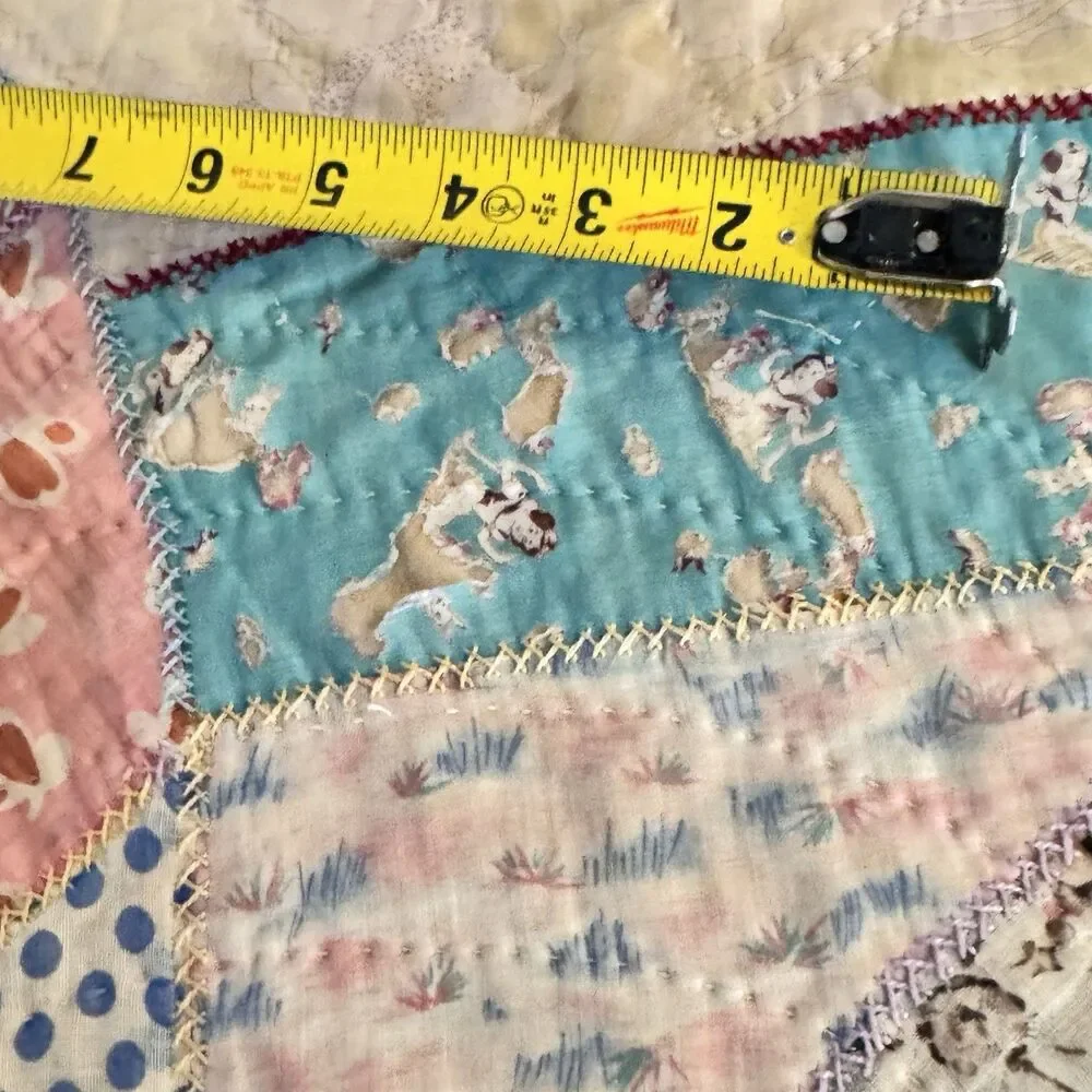 Vintage Abstract patchwork quilt Blue Pink Yellow Red Green Thin 69”x80” Read